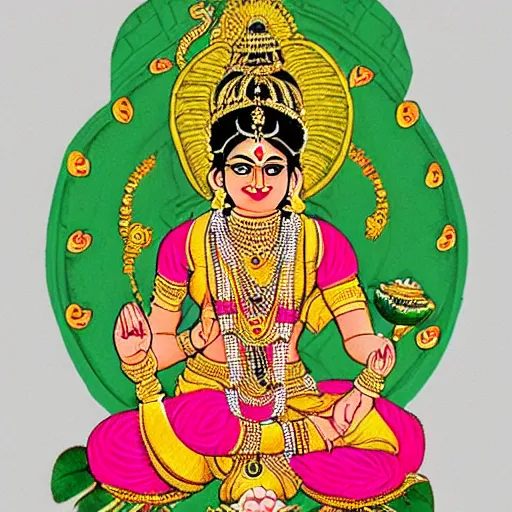 Prompt: indian goddess lakshmi with 4 arms, sitting on a lotus in a minimalistic style