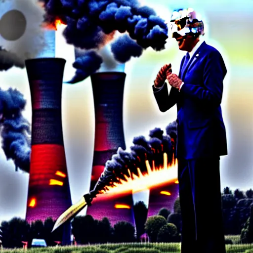 Prompt: “ joe biden with an armadyl godsword special attack hitting a coal power plant ”