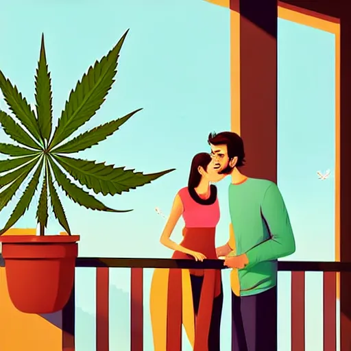 Prompt: couple happy on balcony. huge marijuana plant on balcony. sunny day. centered median photoshop filter cutout vector behance artgem hd jesper ejsing!