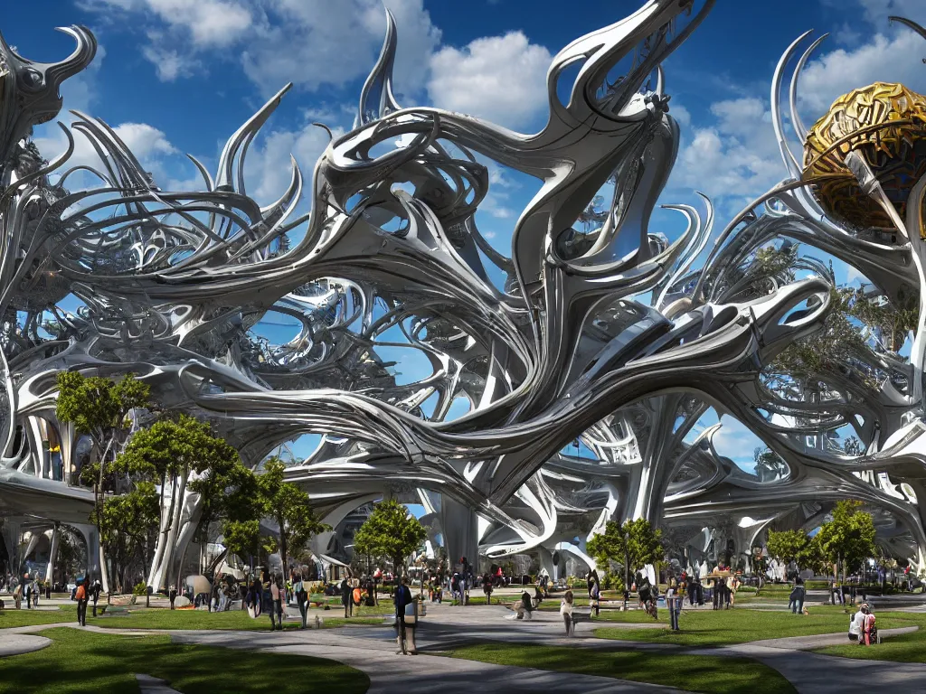 Prompt: a busy elaborate ornate outdoor sci - fi park, cinematic, shadows, partly cloudy day, 4 k, detailed, by zaha hadid and basquiat