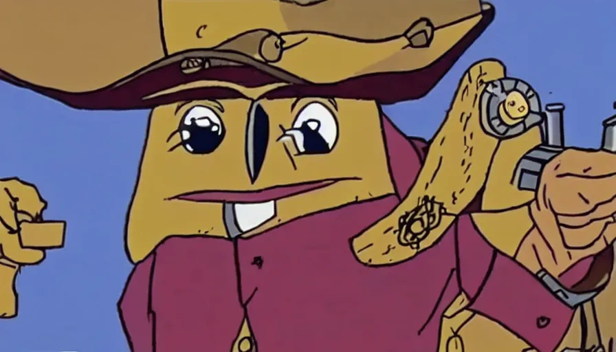 Image similar to saturday morning cartoon show about an wild west owl dressed up as a gunslinger vigilante with a eye mask, screenshot from 1990s animated show