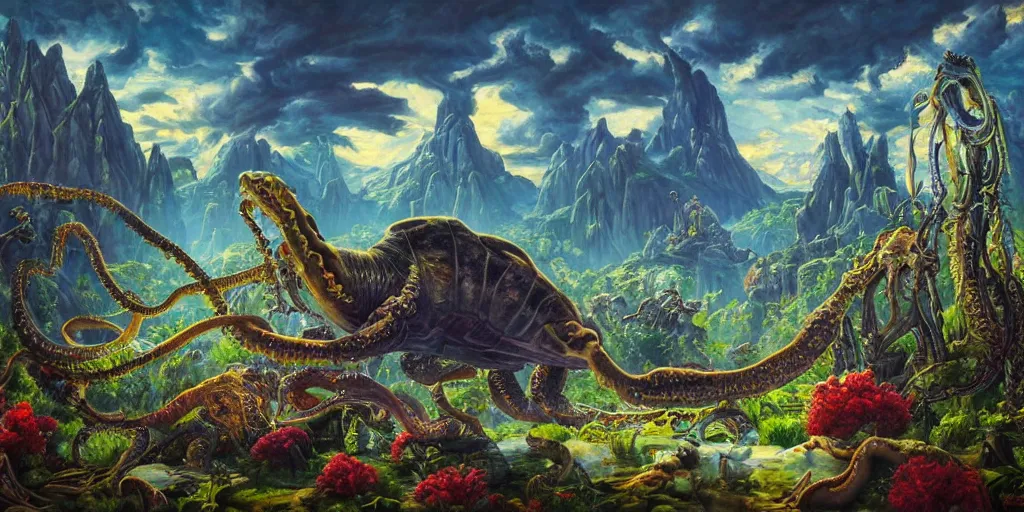 Image similar to fantasy oil painting, great leviathan, cybernetic turtle cephalopod terrapin reptilian pachyderm squid, bella hadid, hybrid, milla jovovich, anubis, epic natural light, lush plants flowers, spectacular mountains, bright clouds, luminous sky, outer worlds, golden hour, michael cheval, edward hopper, michael whelan, vray, hd