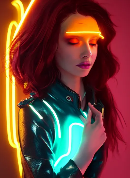 Image similar to pretty young woman with shoulder length shiny shimmering dark red hair and wearing a stuffed leather jacket with the glow of neon lights illuminating her, path traced, highly detailed, high quality, digital painting, by cd projekt red, cyberpunk,