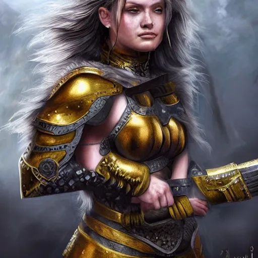 Prompt: a beautiful female warrior, 8 k, hyperrealistic, dragon slayer, hyperdetailed, fantasy portrait by arturo comin