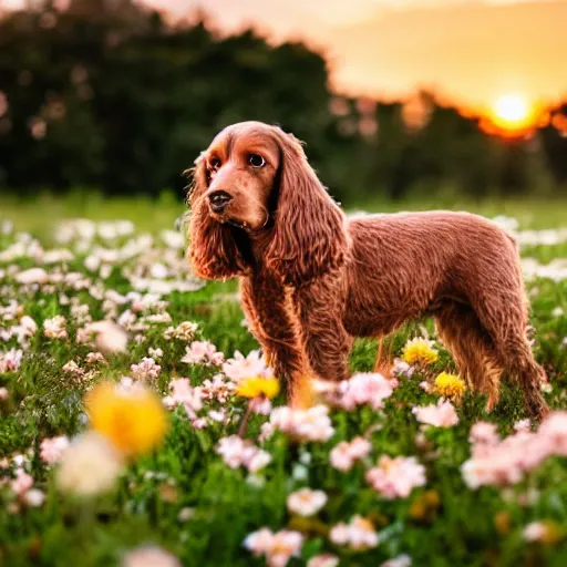 Light brown cocker spaniel in a field full of flowers, | Stable ...