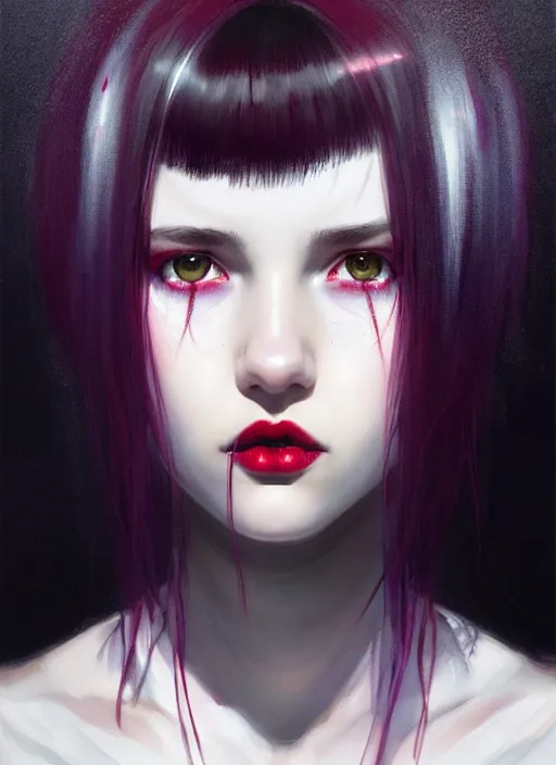 Prompt: portrait of teenage girl, red irises, red eyes, black hair, white bangs, purple lipstick, white bangs, bangs, black hair and white bangs, intricate, elegant, glowing lights, highly detailed, digital painting, artstation, concept art, smooth, sharp focus, illustration, art by wlop, mars ravelo and greg rutkowski