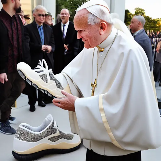 Image similar to john paul ii admiring a yeezy foam runner sneaker in his hands