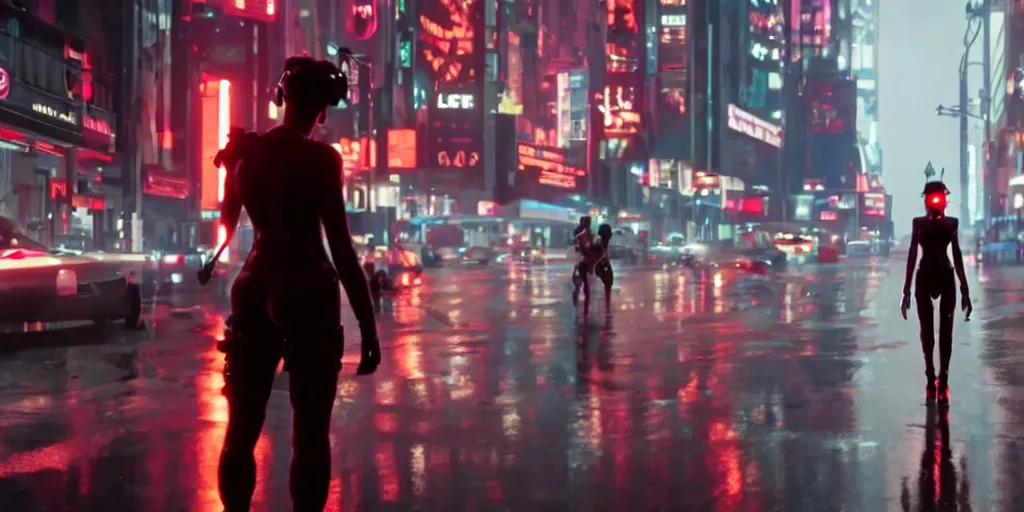 Image similar to a film still from Love, Death and Robots, wide angle lens, sharp, dramatic lighting, futuristic city street level, rain