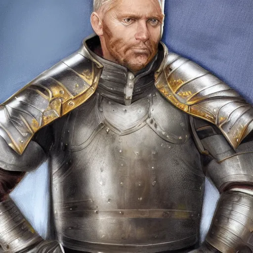 Image similar to concept art, 50 years old men, blonde, blue eyes, medieval leather armor, no helmet, high detail, digital art, realistic