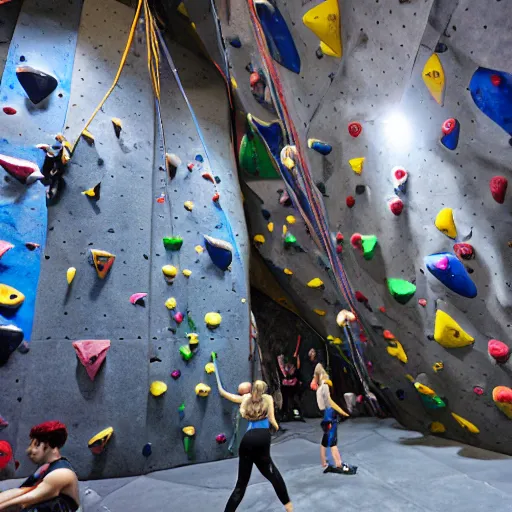 Prompt: a championship indoor rock climbing gym, impressive bouldering wall volumes, wide angle, professional photo, f5.8, 21mm