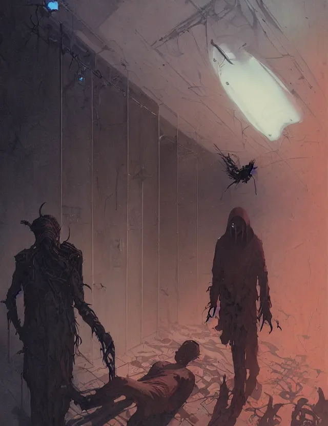 Prompt: sinister scary, afraid dark by greg rutkowski, ross tran, conrad roset, takato yomamoto, ilya kuvshinov huge gothic crematorium on desert planet, elevator, side ramp entrance ambulance smoke dead bodies, guards intricate, painting by lucian freud and mark brooks, bruce pennington, dark colors, neon, death, guards, nice style culture