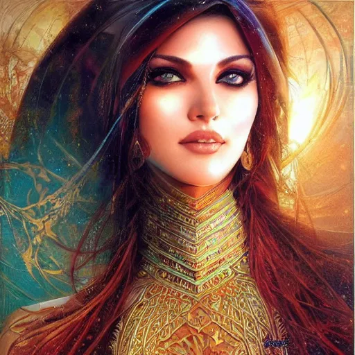 Image similar to a beautiful arabian woman by karol bak, ayami kojima, artgerm, arabian beauty, blue eyes, smile, concept art, fantasy