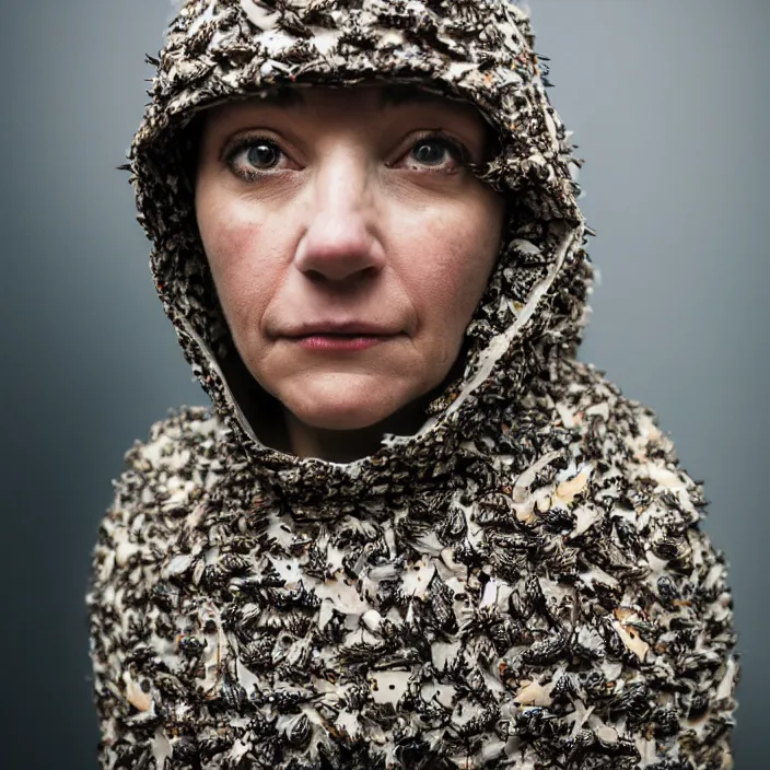 Prompt: a woman wearing a hood made of birds, in an abandoned office building, by helen warner, canon eos c 3 0 0, ƒ 1. 8, 3 5 mm, 8 k, medium - format print