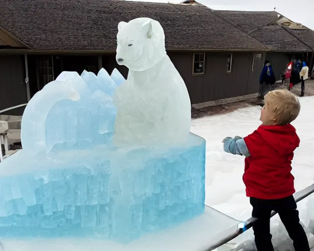 Prompt: ice sculpture. there is a little blonde boy trapped in the figurine made of ice. antartica. coca cola polar bear cheers on. concerned parents looking down from a zoo railing.