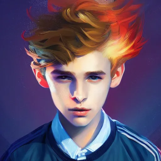 Image similar to colorful and festive captivating young boy with wavy blonde hair, navy blue jacket and blue shorts. rich vivid colors, ambient lighting, dynamic lighting, 4 k, atmospheric lighting, painted, intricate, highly detailed by charlie bowater