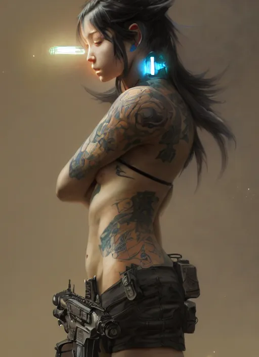 Image similar to girl covered with tattoos wearing tactical gear, intricate lights, high detailed face, bio luminescent, plasma, by ruan jia and artgerm and range murata and wlop and ross tran and william - adolphe bouguereau and beeple. fantasy illustration. award winning, artstation, venomized, realistic, hyperdetailed, 8 k resolution.