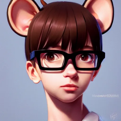 Prompt: character design head and shoulders shot portrait of an anthropomorphic rat girl with rat ears, wearing medium - sized glasses, eyelids half closed, slight smile, sharp detailed painting, concept art, by wlop, ilya kuvshinov, artgerm, krenz cushart, rutkowski, trending on pixiv.