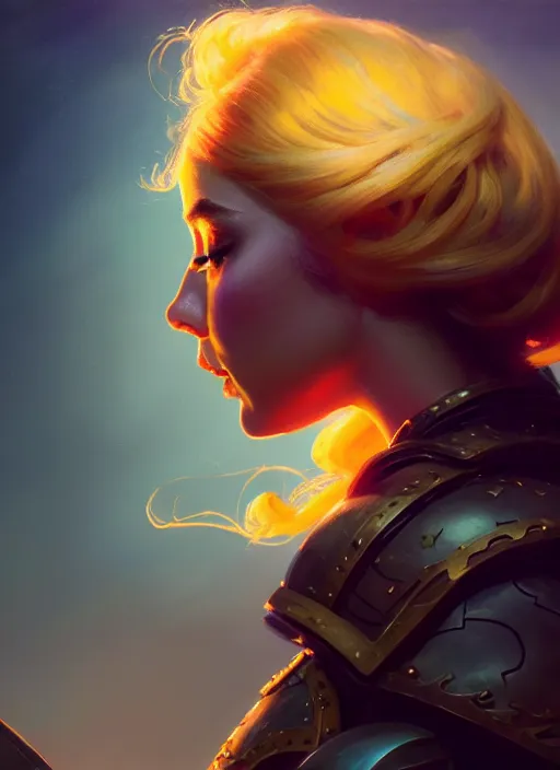 Image similar to side portrait, imogen poots, paladin, fantasy, gloomhaven, luminescent, organic painting, gaudy colors, octane render, unreal engine, by greg manchess, huang guangjian, gil elvgren, sachin teng, greg rutkowski, jesper ejsing, ilya kuvshinov