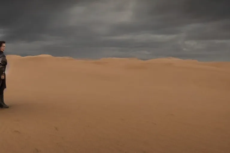 Image similar to a cinematic wide angle shot of a man in his early twenties, in the 2 0 2 1 movie dune, the sand is in the form of a wave, stormy weather, dry, film still, cinematic, dramatic lighting, by zack snyder