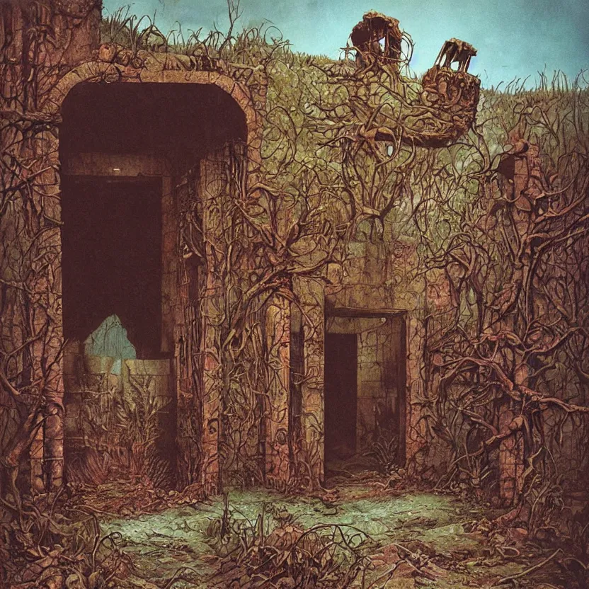 Image similar to an entrance to an abandoned theme park, by richard corben, zdzisław beksinski. goosebumps cover art. pulp horror art.