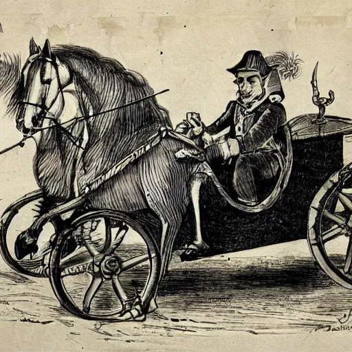 Prompt: dessin d'un charriot a cheval, un souris anthropomorphique est le chauffeur