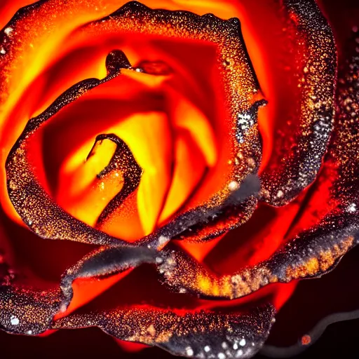 Image similar to award - winning macro of a beautiful black rose made of glowing molten magma