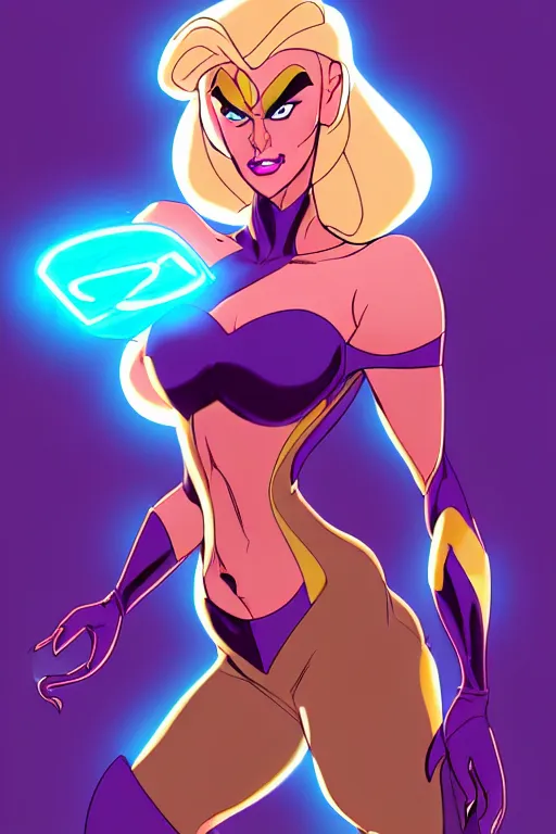 Image similar to a supervillainess with hypnotic powers, glowing energy effects, full color digital illustration in the style of don bluth, artgerm, artstation trending, 5 k