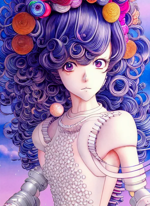 Image similar to manga of beautiful girl, robot, curls hair, rococo ruffles dress, rosette, pastel rainbow, pearlescent, shimmering, prismatic, reflective, rim light, detailed background, by katsuhiro otomo, takeshi obata, takato yamamoto, illustration, artstation, concept art, highly detailed, colorful, maximalist