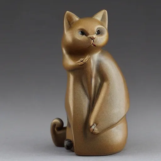Image similar to elegant seductive anthropomorphic cat figurine wearing a kimono, cast brown resin, toggles, very highly detailed, intricate, monotone, shy looking down
