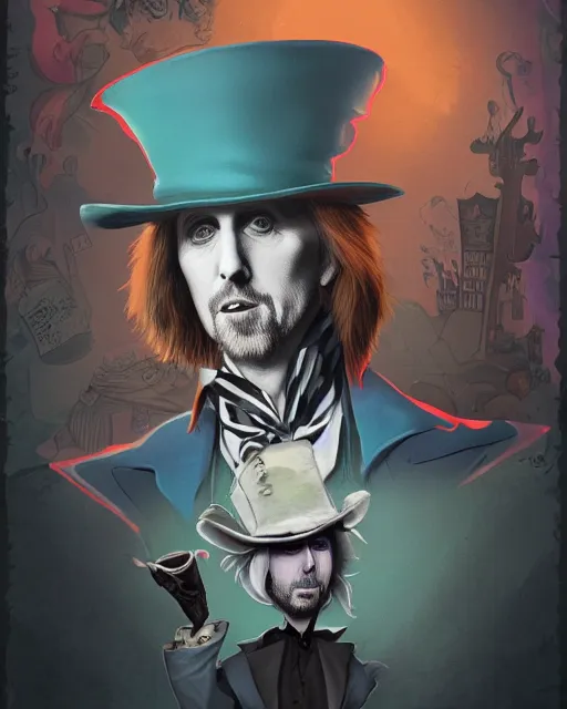 Image similar to tom petty as the mad hatter, contrast, kim jung gi, greg rutkowski, zabrocki, karlkka, jayison devadas, trending on artstation, 8 k, ultra wide angle, zenith view, pincushion lens effect