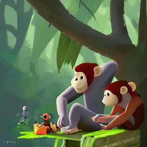 Image similar to goro fujita ilustration jungle monkeys trying to take food from a family of campers, painting by goro fujita, sharp focus, highly detailed, artstation