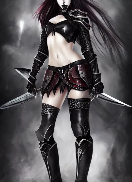Prompt: full portrait, female vampire knight in black heavy armor, metal mask, gladiator sandals, no skin shown, realistic proportions, ghostblade, wlop, reasonable fantasy