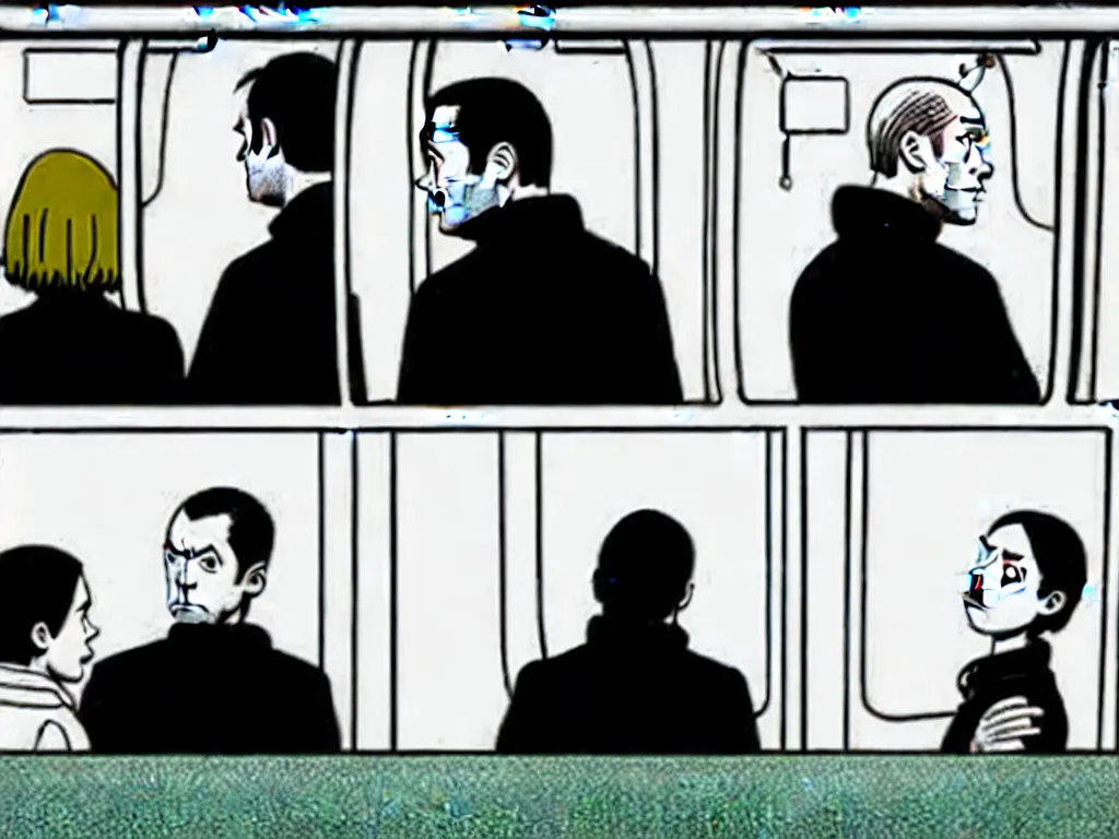 Image similar to a single comic panel by Daniel Clowes, 3/4 low angle view wide shot of two people sitting in an empty Chicago subway train, in front of windows: a sad Aubrey Plaza in a parka and a friendly Mads Mikkelsen in a suit