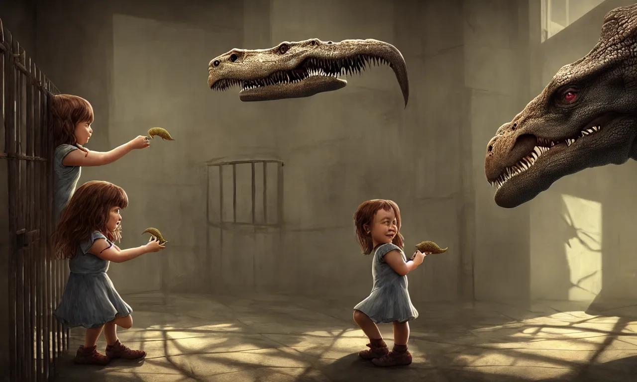 Image similar to portrait of a little girl sticking her hand through the bars and feeding a tyrannosaurus, very high details, raytracing, back light, raymarching, by ilm, by digital domain, by weta digital