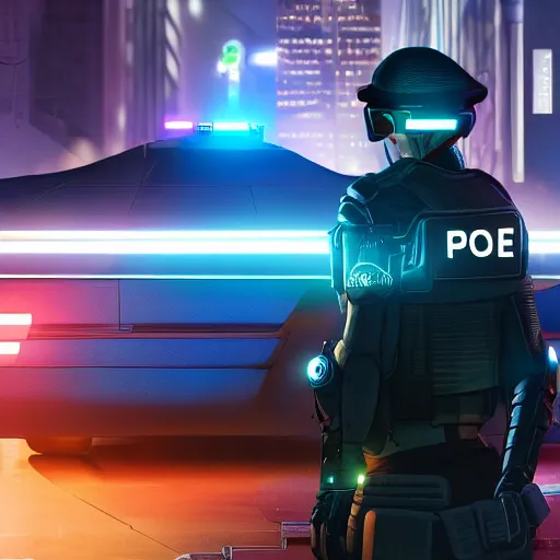 Image similar to A cyber police officer standing next to a futuristic police car in a cyberpunk city, ultrarealistic, detailed, dimly lit, neon lit signs, neon, sci fi, 4k, artstation, octane, unreal