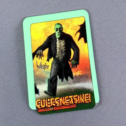 Image similar to Topps Collectable Card, Retro, Frankenstein, Holographic, 3D , Halloween Scene