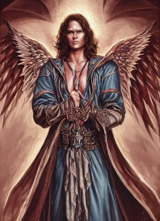 Image similar to Sam Winchester as a strong angel with a big cross pendant and religious tattoos on chest and neck, big Angel wings wide open, stained and bleeding, D&D!, fantasy style, sharp focus!, ultra detailed, art by Artgerm and Peter Andrew Jones, Ayami Kojima