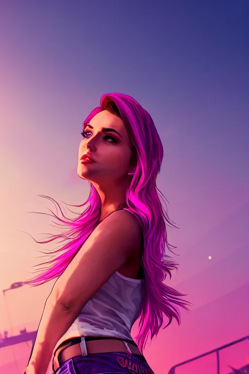 Prompt: a stunning GTA V loading screen with a beautiful woman with ombre purple pink hairstyle, hair blowing in the wind, hoop earrings, sunset mood, outrun, vaporware, retro, digital art, trending on artstation