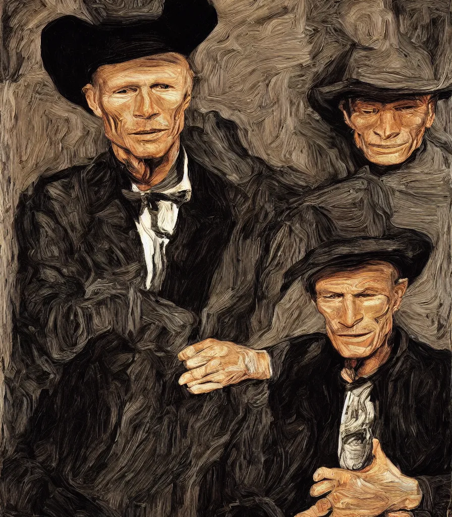 Prompt: ed harris in a black cowboy suit, portrait, painting by Lucian Freud, edward rucha, rembrandt