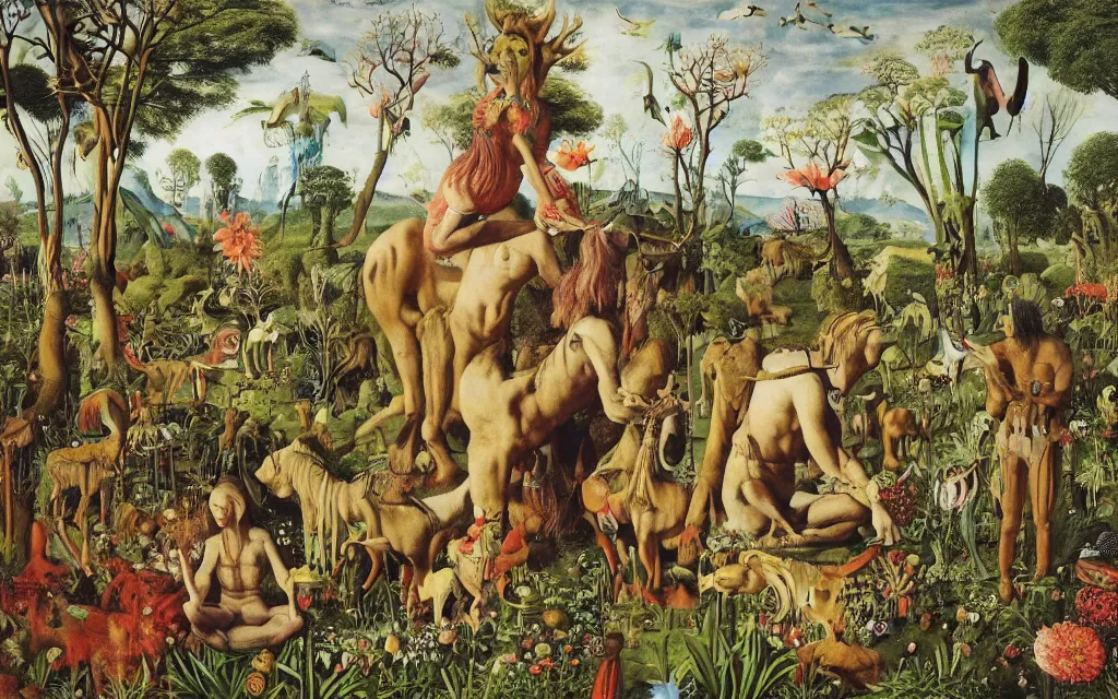 Prompt: photograph of a meditating centaur shaman and a striped werewolf feeding animals. surrounded by bulbous flowers, animals and a few trees. river delta with rock cliffs under a blue sky full of burning stars. painted by jan van eyck, max ernst, ernst haeckel, ernst fuchs and artgerm. trending on artstation, trending on cgsociety