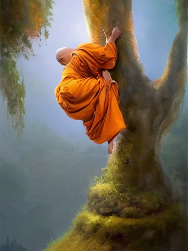 Prompt: a monk, hanging upside down from a tree, enlightenment. intricate, elegant, highly detailed, digital painting, artstation, concept art, sharp focus, illustration, by justin gerard and artgerm, 8 k