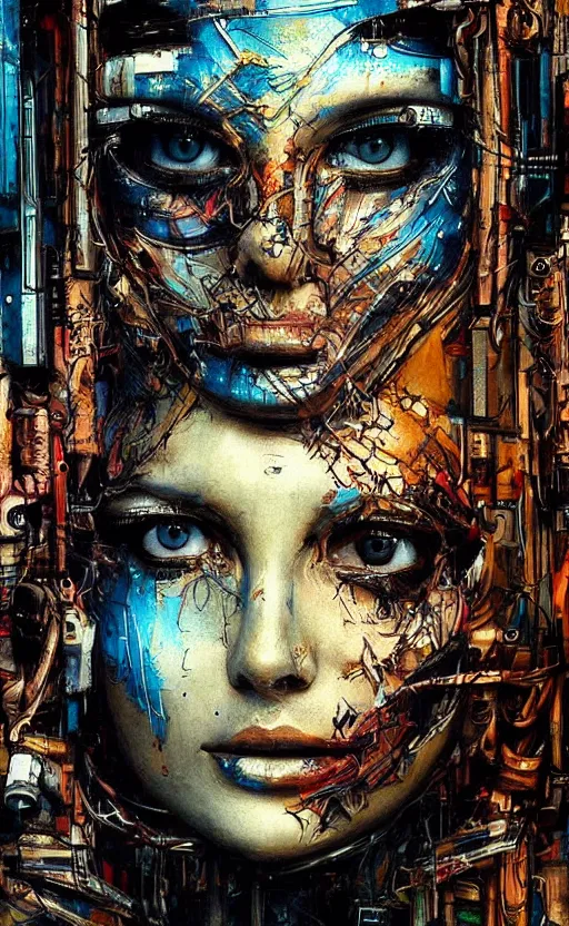 Image similar to beautiful woman made of mech mask rendered in unreal engine, cyberpunk, rave, scifi, painted by albrecht durer | bernard buffet | carne griffiths | wlop