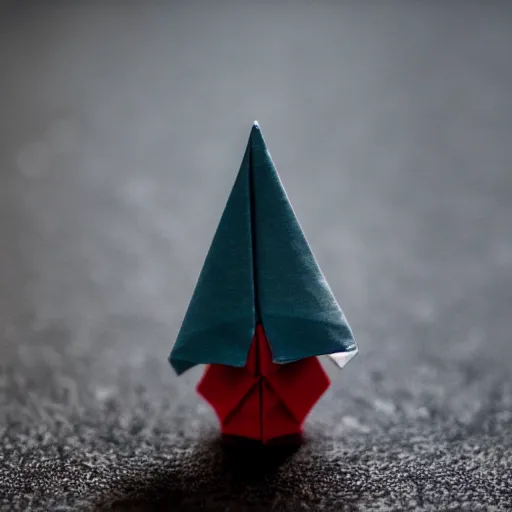 Prompt: close up photo of a small origami gnome, cinematic, shallow dof, 3 5 mm, 4 k, macro