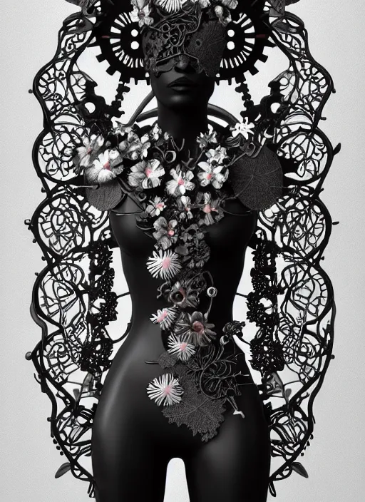 Image similar to black and white 3 d model, biomechanical female cyborg with porcelain profile face and a big floral eye, big leaves foliage and stems, morning glory flowers, hibiscus flowers, boho floral vines, sinuous fine roots, fine filigree foliage lace, alexander mcqueen, rim light, art nouveau fashion pearl embroidered, steampunk, redshift render, 8 k