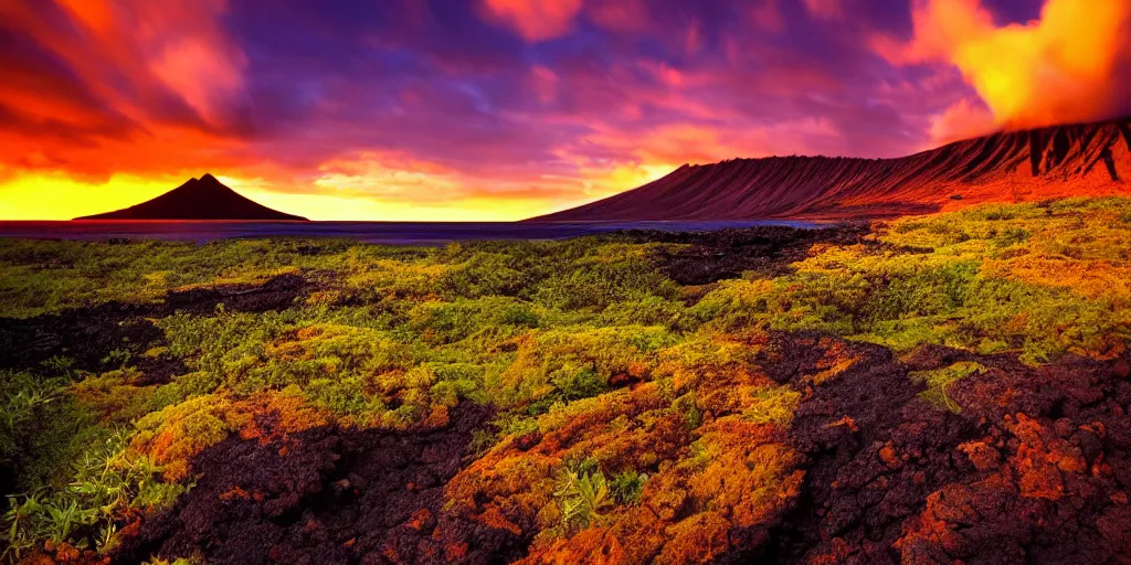 Image similar to award winning photo of Hawaii volcanic landscape, golden hour, by Peter Lik,