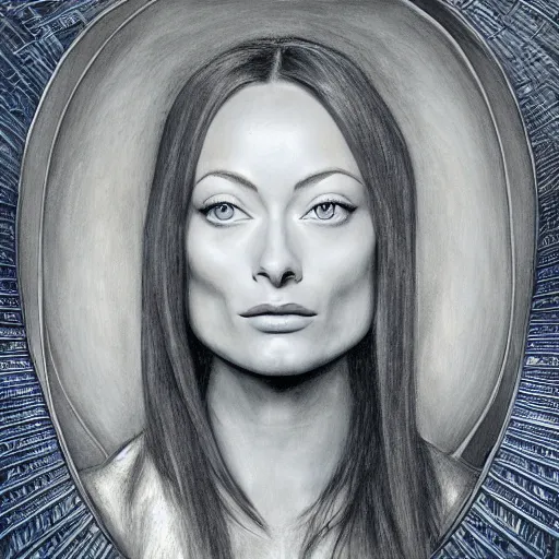 Image similar to Olivia Wilde, pencil drawing. El Greco, Remedios Varo, Salvador Dali, Carl Gustav Carus, John Atkinson Grimshaw. Blue tint. Symetrical, logo, geometric shapes.