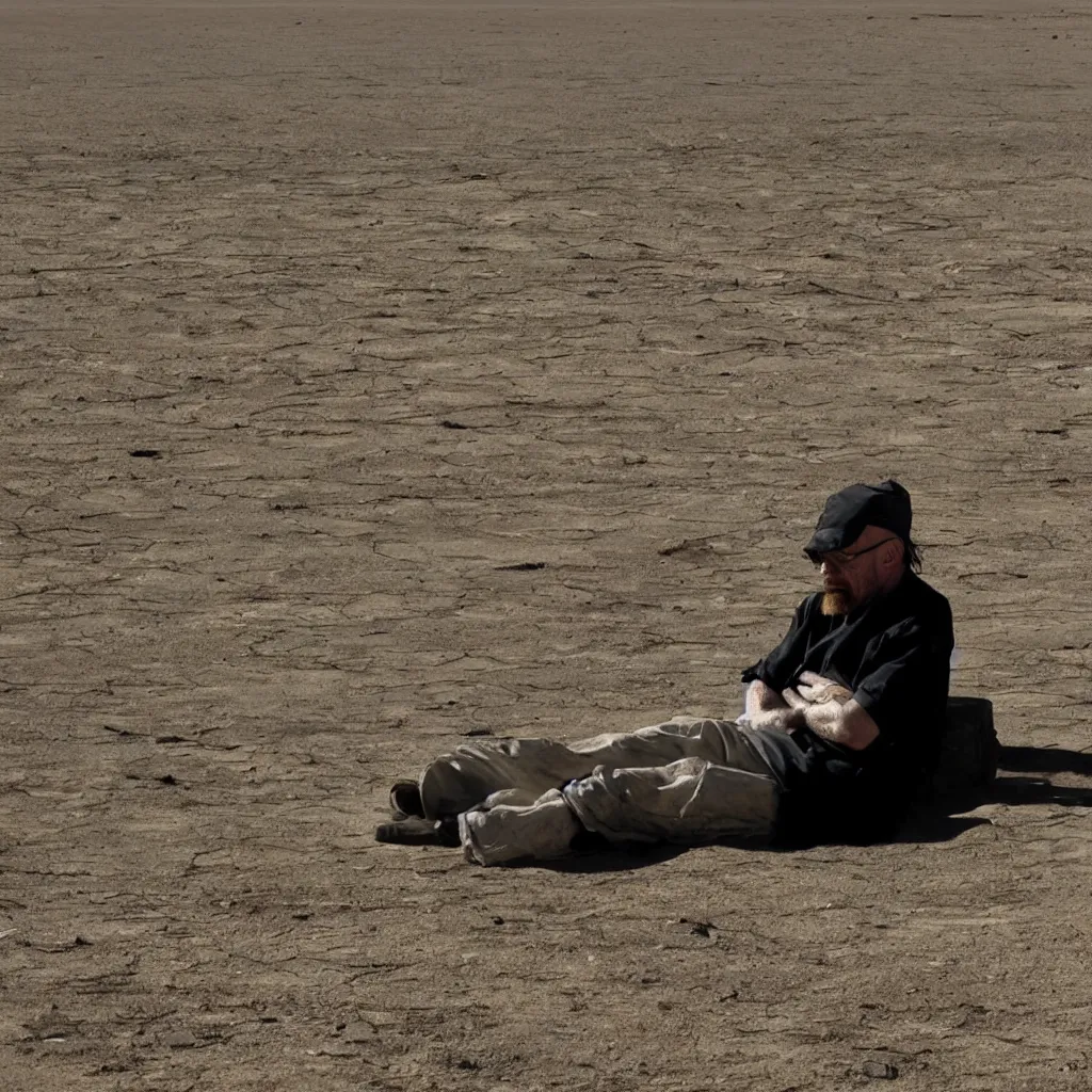 Prompt: Walter White stranded on a desert thinking what he will do next