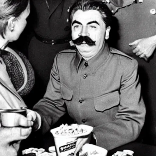 Image similar to joseph stalin enjoying a happy meal at mcdonald's