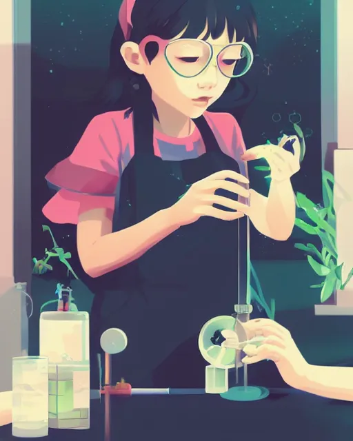 Image similar to a little girl is doing a science experiment. clean cel shaded vector art. minimalist illustration art by lois van baarle, artgerm, helen huang by makoto shinkai and ilya kuvshinov, rossdraws