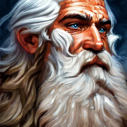 Prompt: painted portrait of rugged zeus, greek god, 4 0 years old, handsome, white hair, soft hair, upper body, muscular, hairy torso, fantasy, intricate, elegant, highly detailed, digital painting, artstation, concept art, smooth, sharp focus, illustration, art by norman rockwell